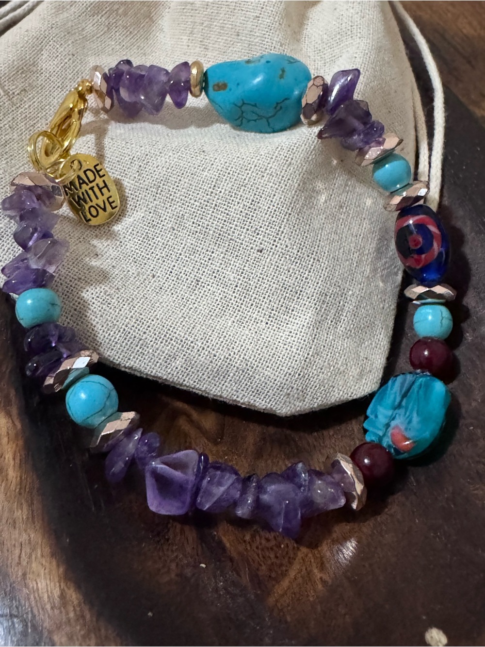 Genuine Turquoise & Amethyst Beaded Bracelet - Made With Love - Picture 2 of 3
